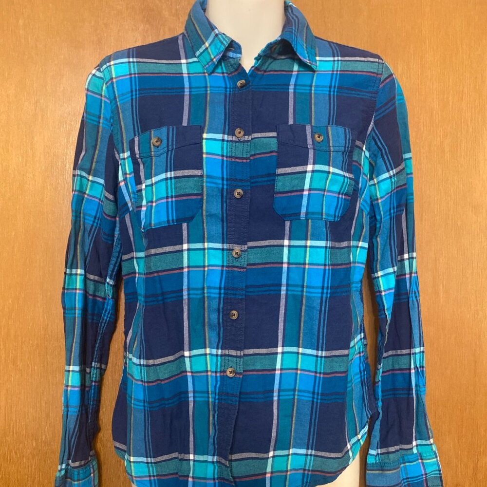 Aeropostale Women's Signature  Blue Plaid Button Down Flannel Shirt - Medium